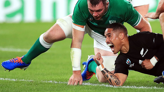 Aaron Smith celebrates scoring New Zealand's first try in World Cup quarter final against Ireland