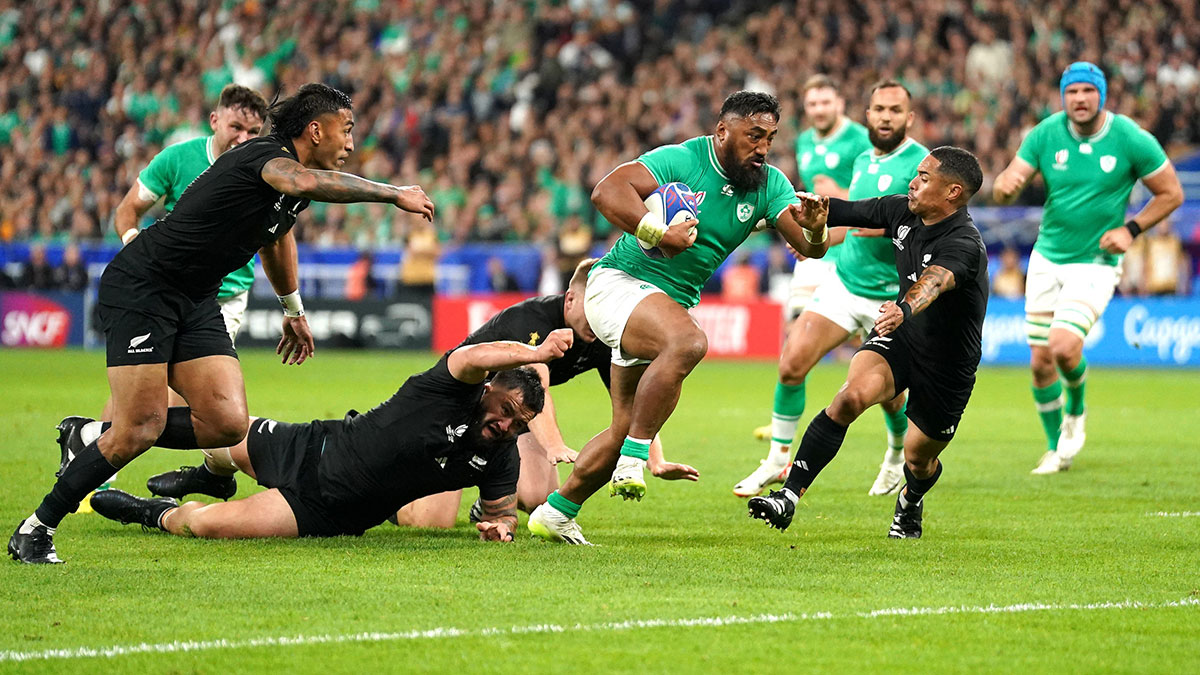Bundee Aki in action for Ireland v New Zealand at 2023 Rugby World Cup