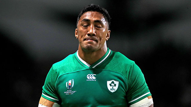 Bundee Aki leaves the field after receiving a red card in the Ireland v Samoa World Cup match