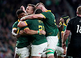 South Africa players celebrate a try against New Zealand at Twickenham during 2023 summer internationals