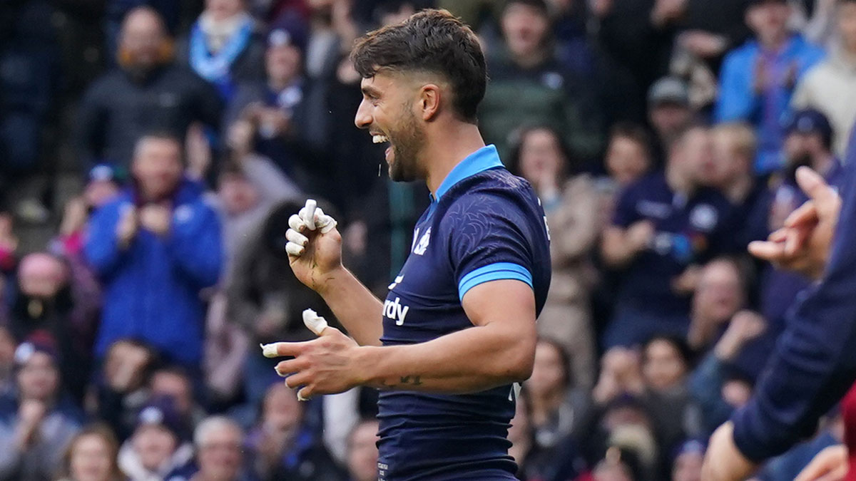 Adam Hastings celebrates a try for Scotland v Fiji in 2022 Autumn Internationals