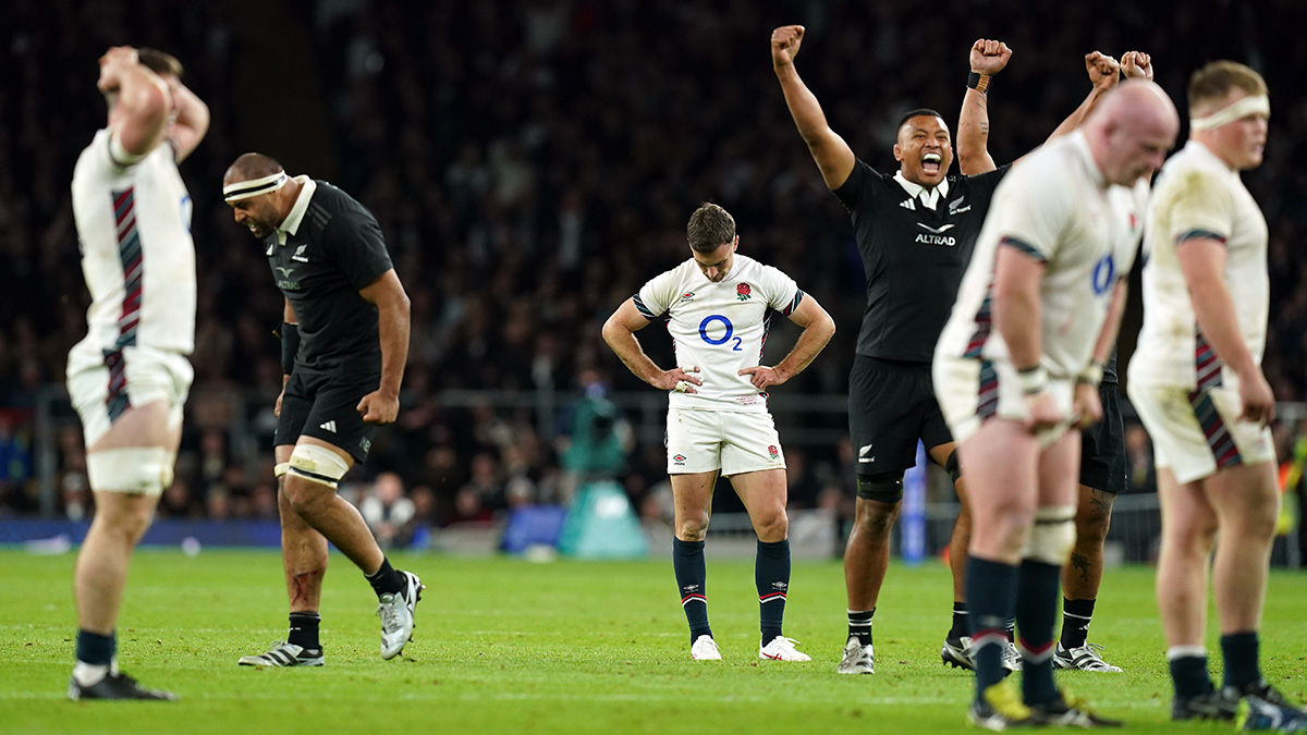 All Blacks celebrate as George Ford looks dejected after England v New Zealand match in 2024 autumn internationals