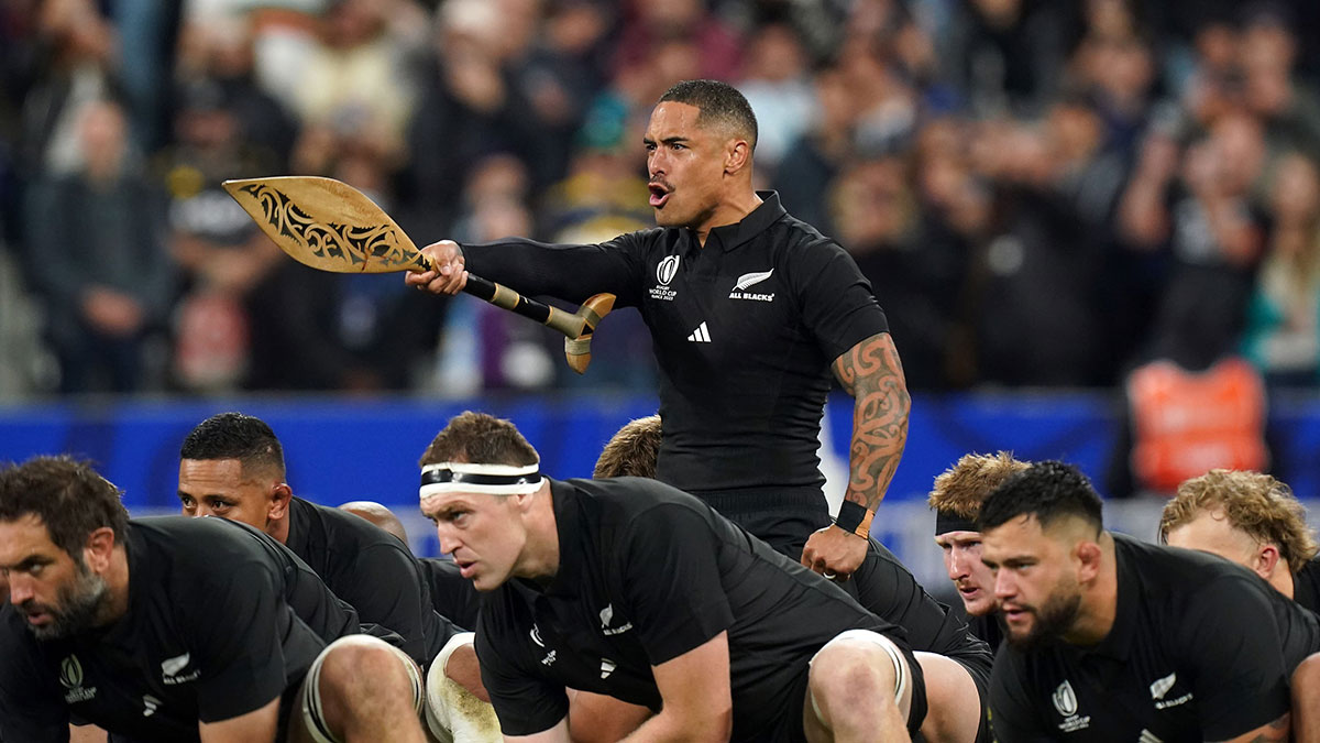 All Blacks perform the Haka before Argentina v New Zealand semi final at 2023 Rugby World Cup