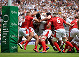 Billy Vunipola powers his way through to score England's first try against Wales at Twickenham