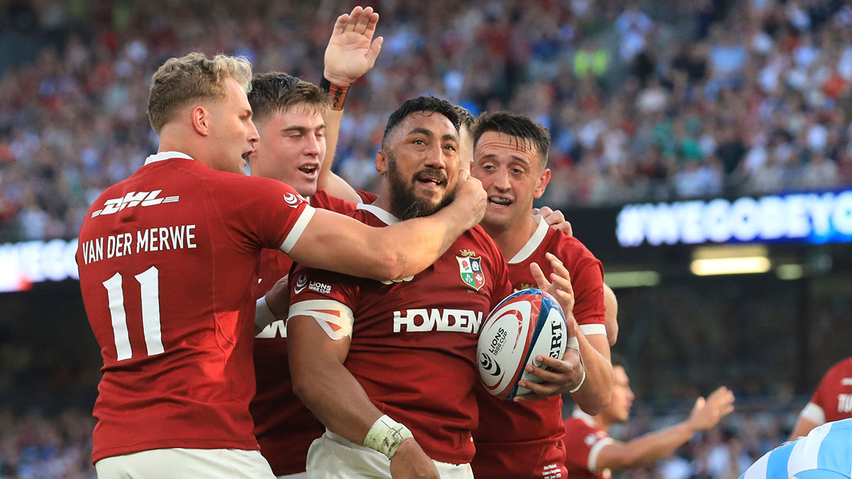 Bundee Aki celebrates a try for Lions v Argentina ahead of 2025 Lions tour