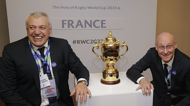 Claude Atcher and Bernard Laporte after France won the right to host Rugby World Cup in 2023