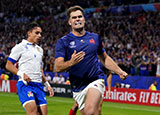 Damian Penaud celebrates a try for France v Italy at 2023 Rugby World Cup