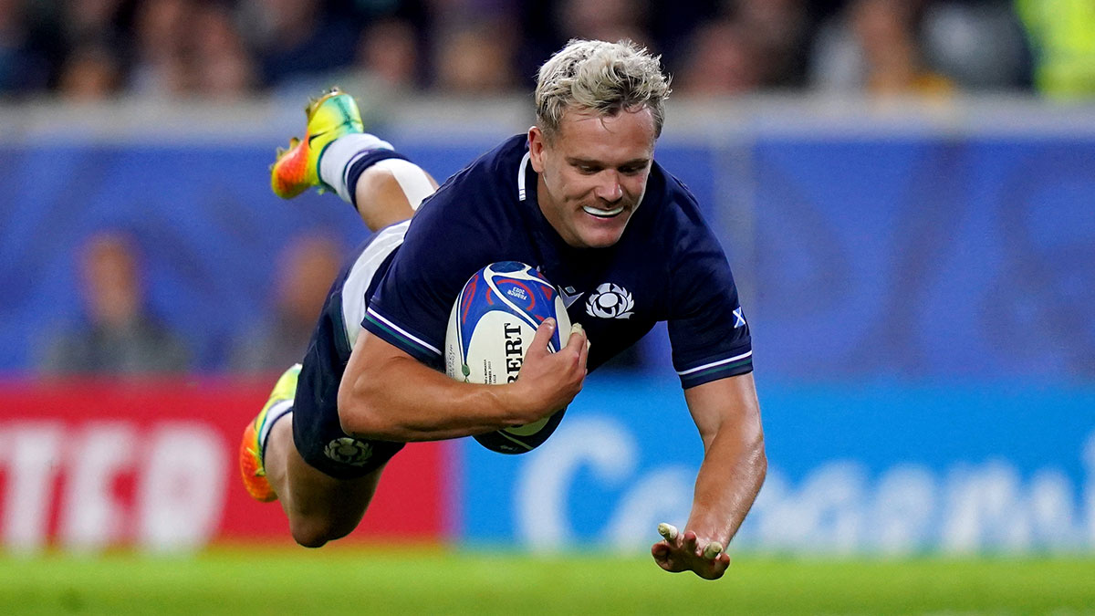 Darcy Graham scores a try for Scotland at the 2023 Rugby World Cup