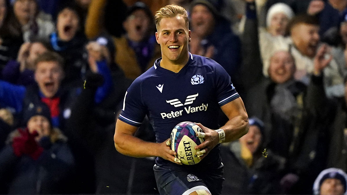 Duhan van der Merwe scores a try for Scotland v England during 2024 Six Nations