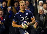 Duhan van der Merwe scores a try for Scotland v England during 2024 Six Nations