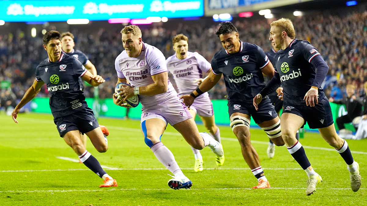 Duhan van der Merwe scores a try for Scotland v USA during 2025 Autumn Internationals