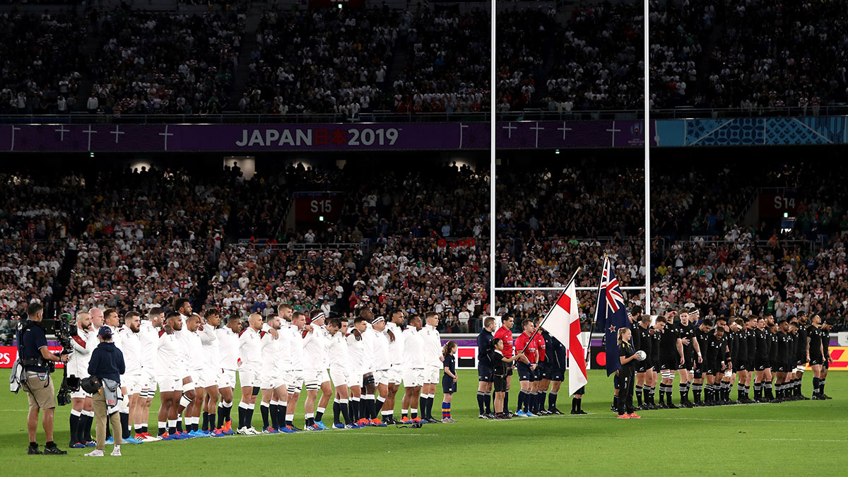 England and New Zealand players line up before match in 2019 Rugby World Cup