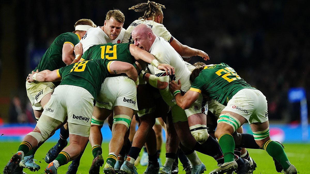 England and South Africa players in a maul during 2024 autumn internationals