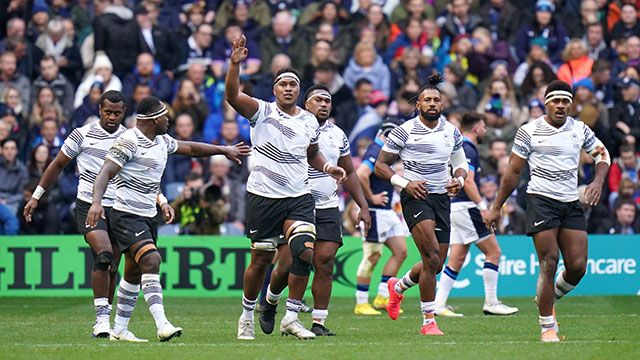 Fiji players celebrate a try against Scotland during 2022 Autumn Internationals