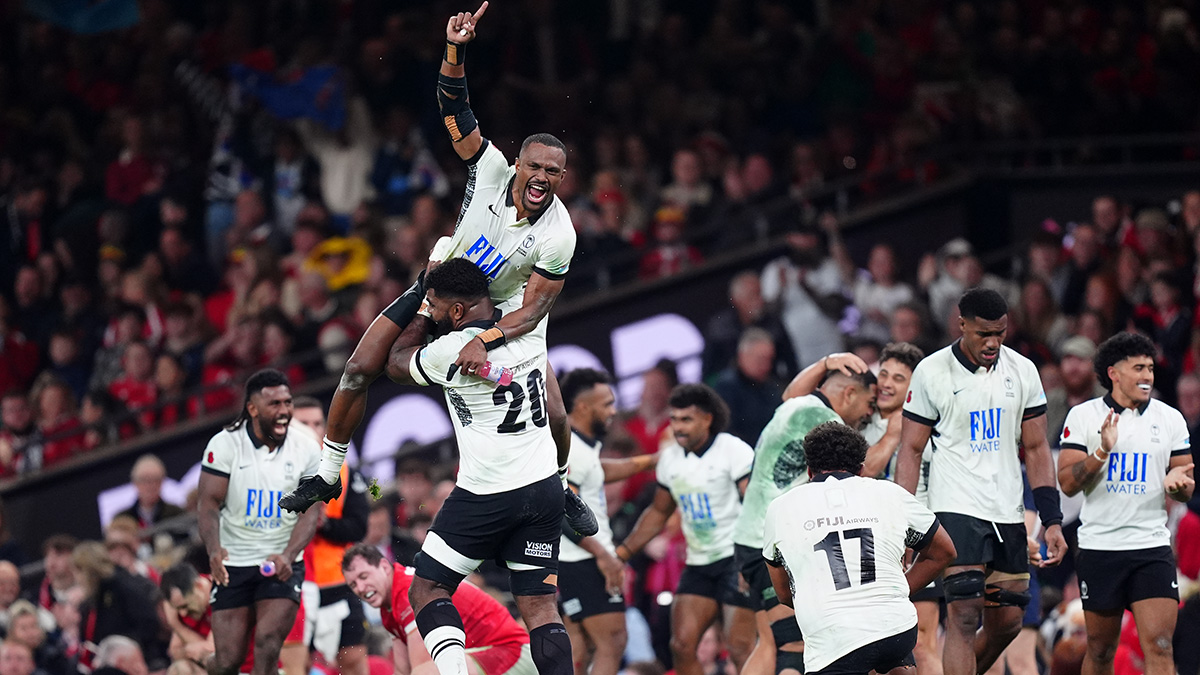 Fiji players celebrate victory over Wales in 2024 autumn internationals