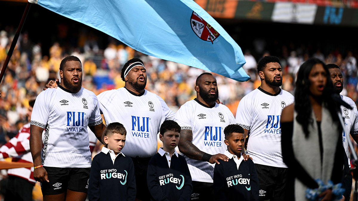 Fiji players sing anthem before match against Australia during 2025 summer