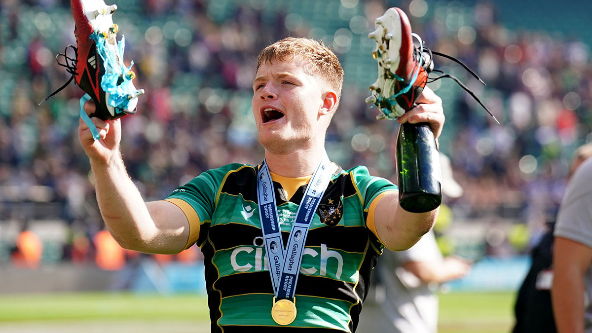 Fin Smith celebrates after Premiership final at Twickenham Stadium