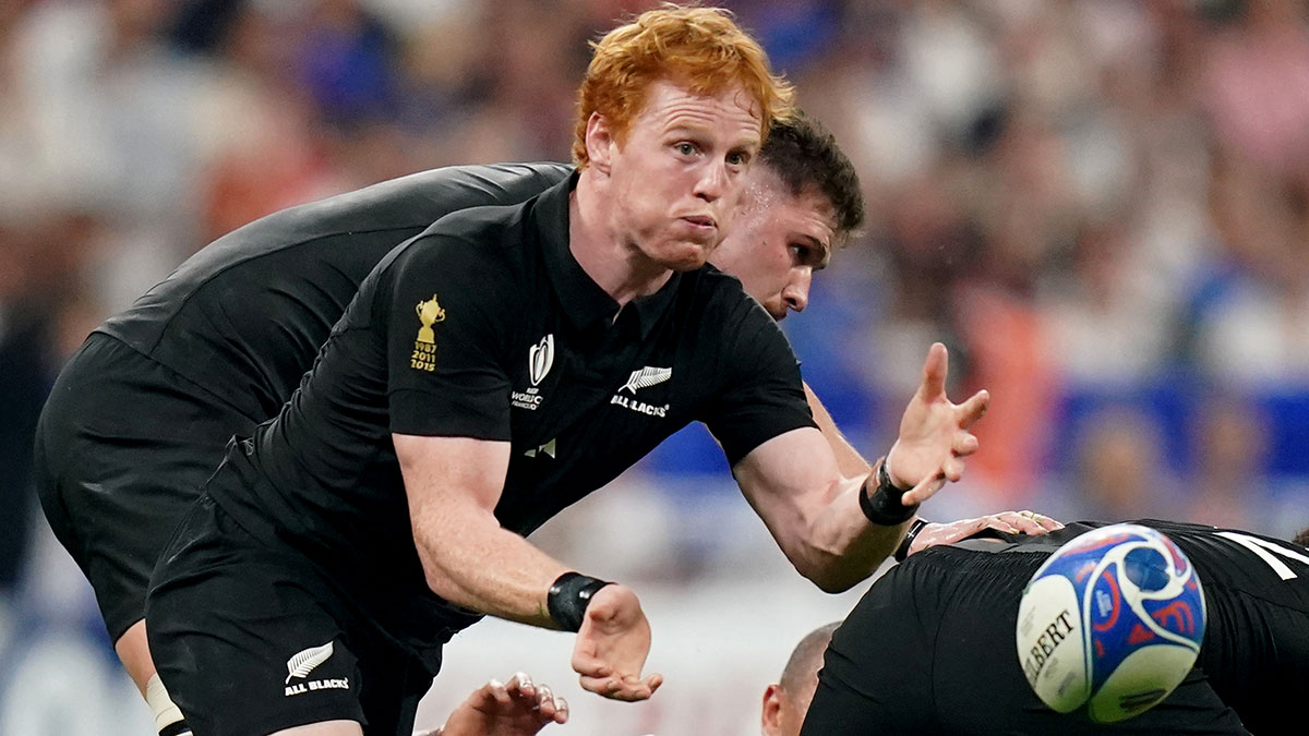 Finlay Christie in action for New Zealand v France at 2023 Rugby World Cup