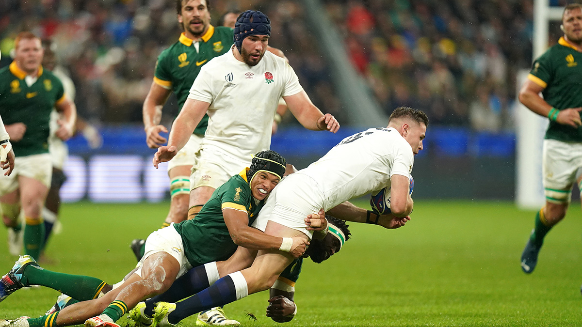 Freddie Steward is tackled during England v South Africa match at 2023 Rugby World Cup