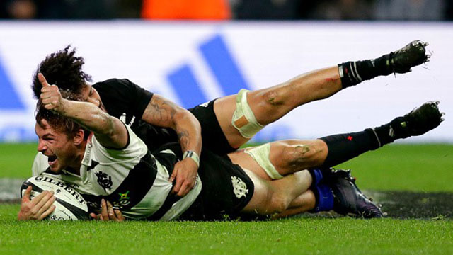 George Bridge scoring a try for Barbarians against All Blacks