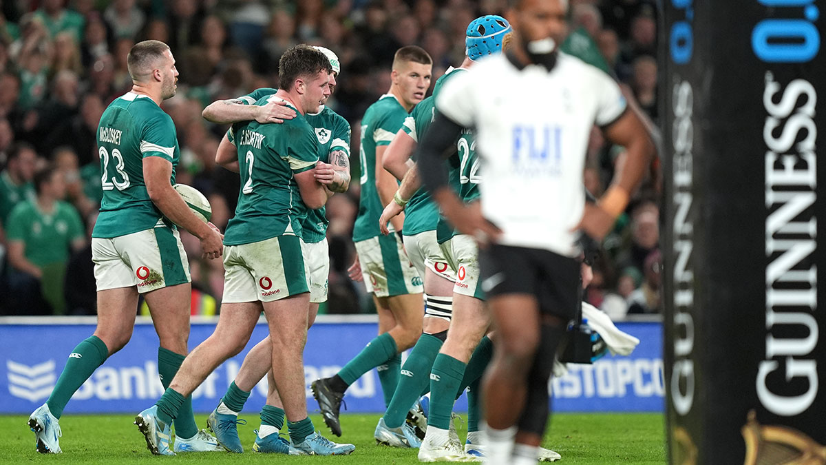 Gus Mccarthy celebrates scoring a try for Ireland v Fiji in 2024 autumn internationals