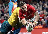 Hallam Amos scores a try for Wales against Australia