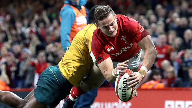 Hallam Amos scores a try for Wales against Australia