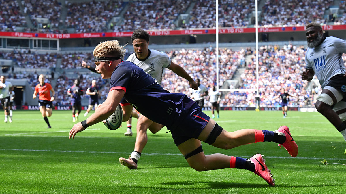 Henry Pollock scores a try for England against Fiji during the 202 Nations Championship