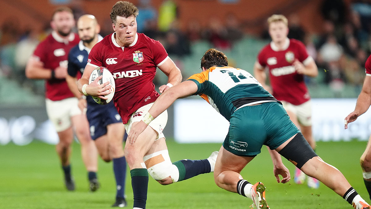 Huw Jones in action for Lions against AUS and NZ Invitational team during 2025 Lions tour