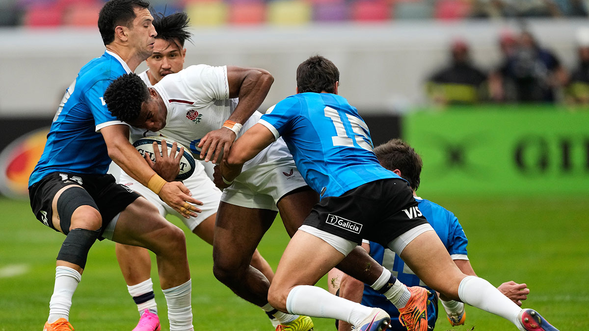 Immanuel Feyi-Waboso is tackled during Argentina v England match in 2026 Nations Championship