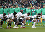 Ireland players watch as Fiji perform the Cibi during 2022 autumn internationals