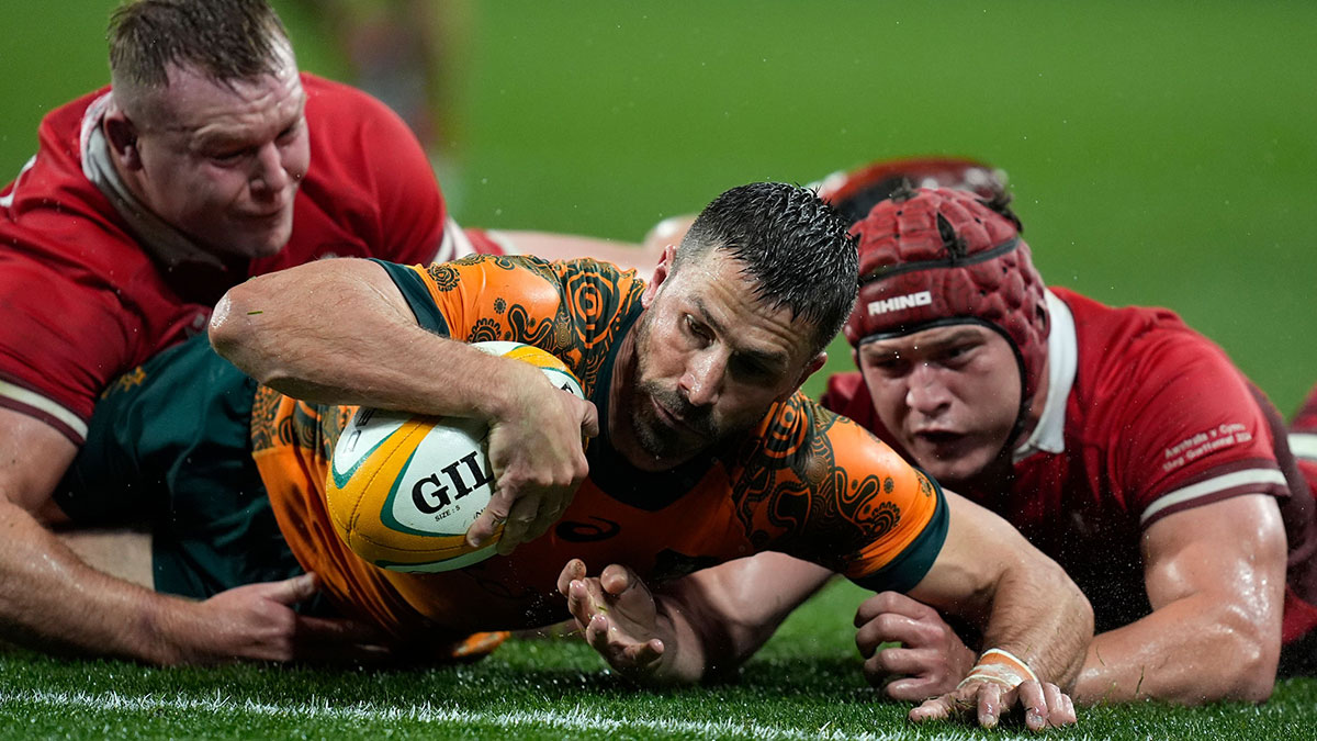 Jake Gordon scores a try for Australia v Wales in 2024 summer internationals