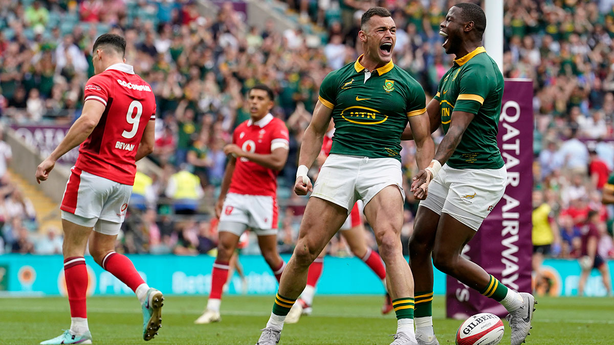 Jesse Kriel celebrates a try for South Africa against Wales during 2024 Summer Internationals