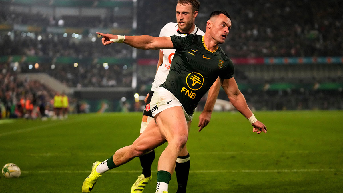 Jesse Kriel celebrates a try in South Africa v Wales match during 2026 Nations Championship