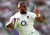 Joe Cokanasiga celebrates scoring a try for England v Ireland at Twickenham