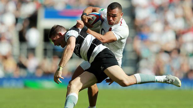 Joe Marchant in action for England v Barbarians