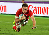 Josh Adams scores a try for Wales v South Africa in 2019 Rugby World Cup semi final