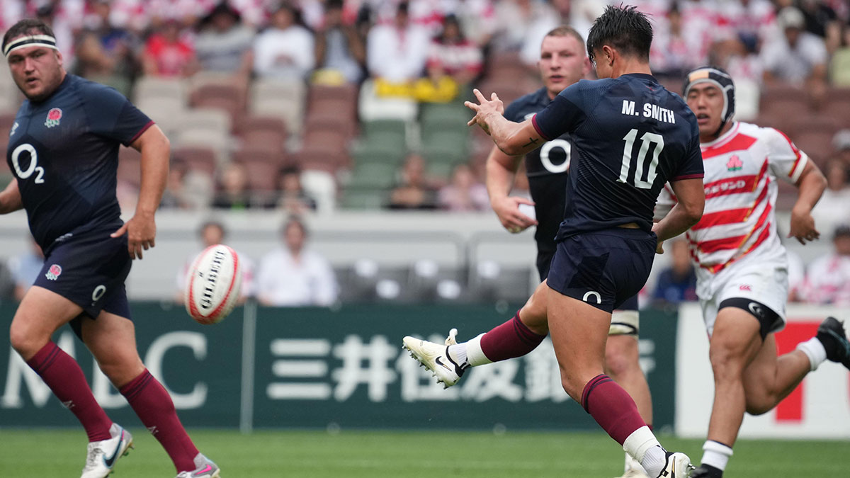 Marcus Smith kicks the ball during England match against Japan in Tokyo during 2024 summer internationals