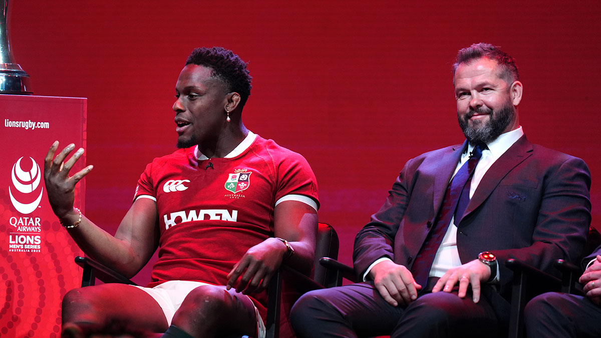 Maro Itoje and Andy Farrell during Lions squad announcement
