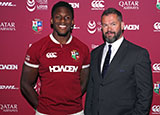 Maro Itoje and coach Andy Farrell at the 2025 Lions squad announcement