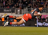 Noah Caluori scores a try for Saracens against Sale Sharks in October 2025