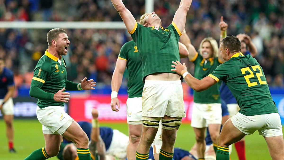 Pieter Steph du Toit celebrates South Africa victory over France in 2023 Rugby World Cup quarter final