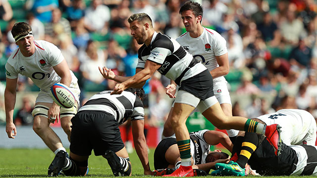 Rhys Webb in action for Barbarians against England in 2019 at Twickenham