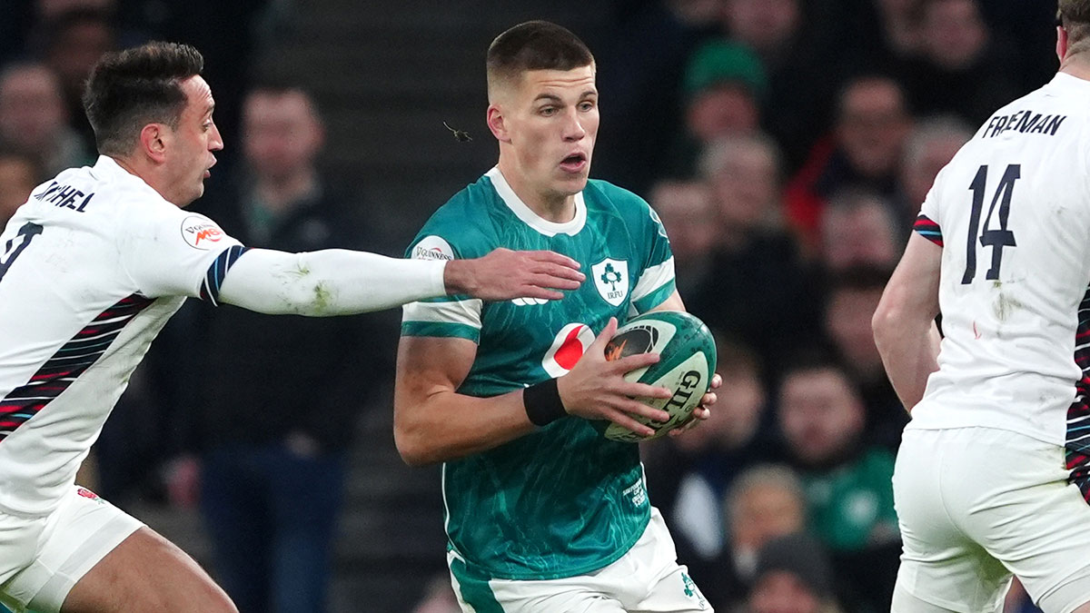 Sam Prendergast in action for Ireland v England in 2026 Six Nations