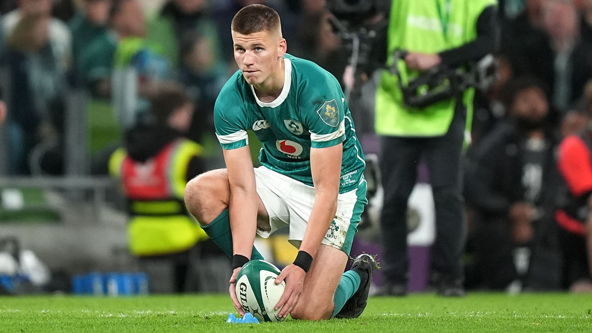 Sam Prendergast lines up a kick during Ireland v Fiji match in 2024 autumn internationals