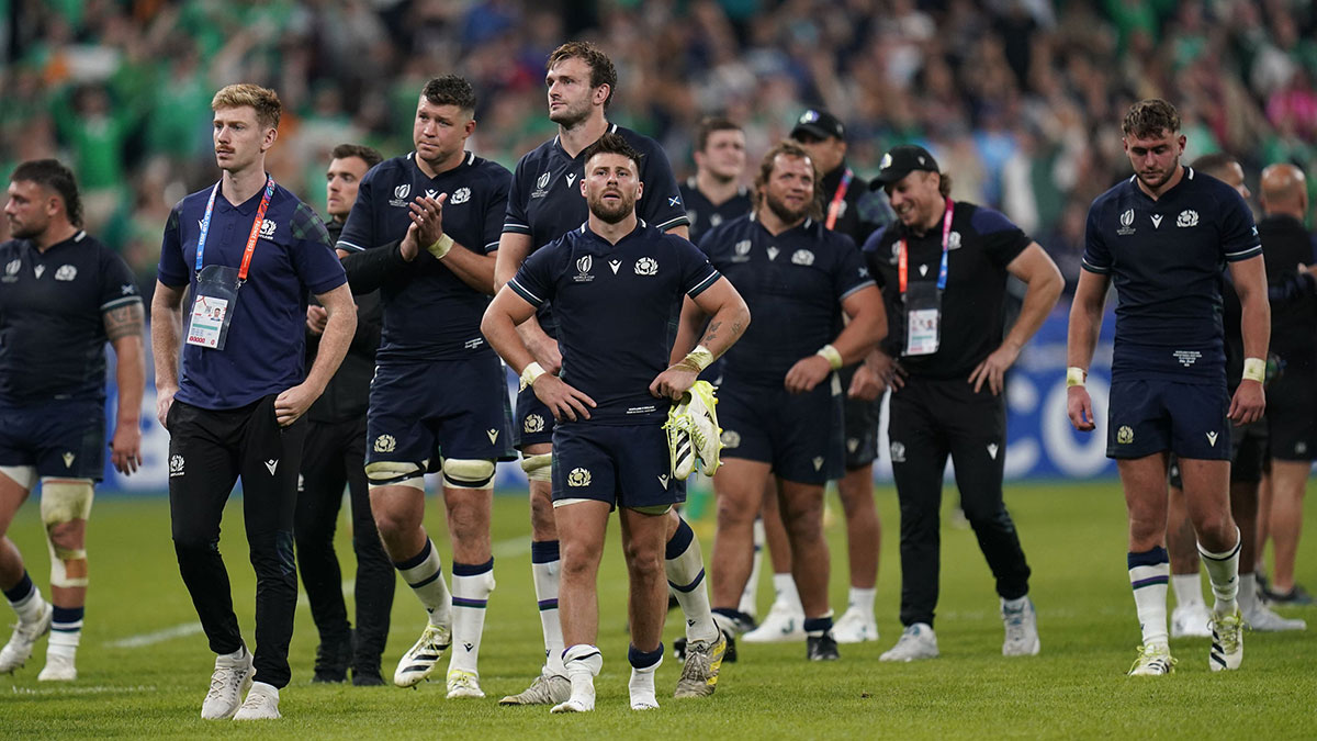 Scotland players look dejected following defeat to Ireland at 2023 Rugby World Cup
