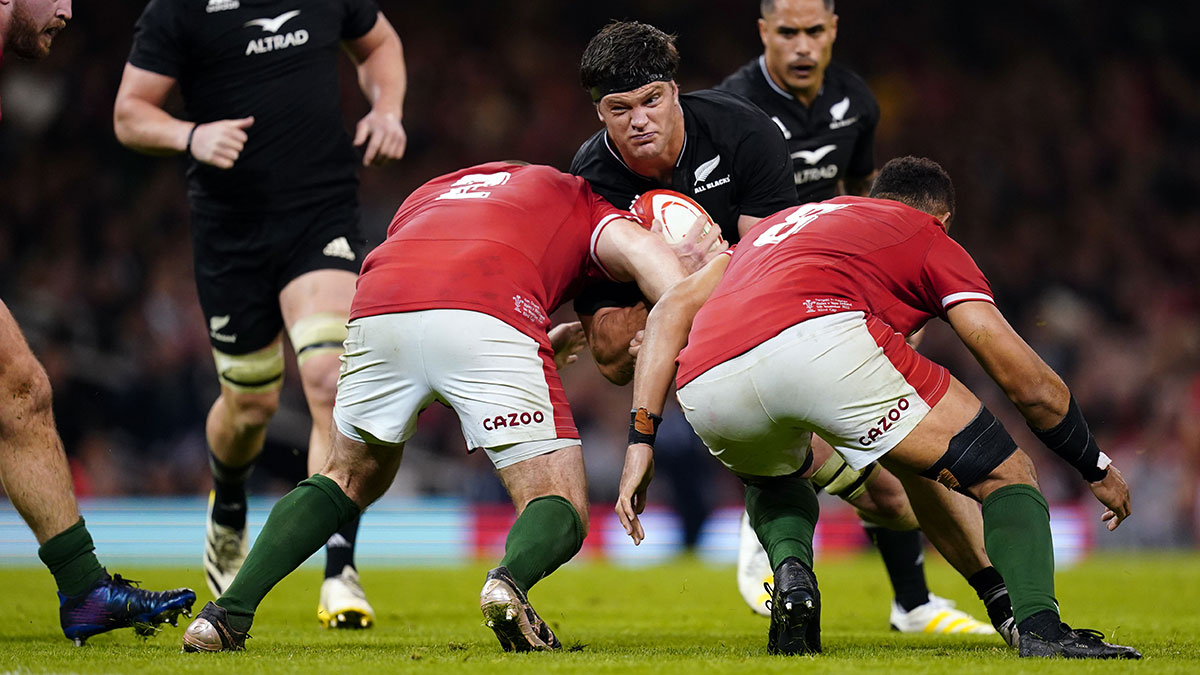 Scott Barrett is tackled during Wales v New Zealand match in 2022 Autumn Internationals