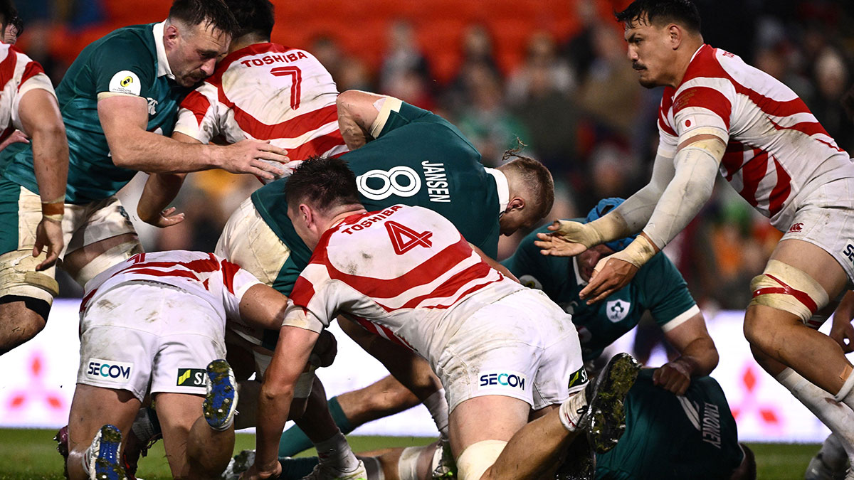Sean Jansen scores a try for Ireland against Japan in 2026 Nations Championship