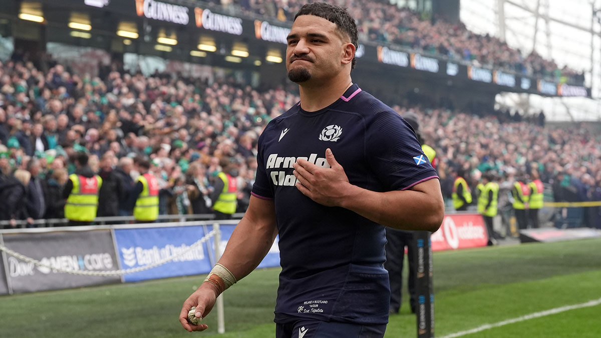 Sione Tuipulotu at Ireland v Scotland match during 2026 Six Nations
