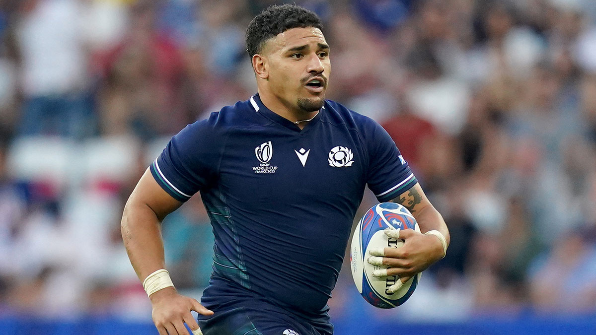 Sione Tuipulotu in action for Scotland during 2023 Rugby World Cup